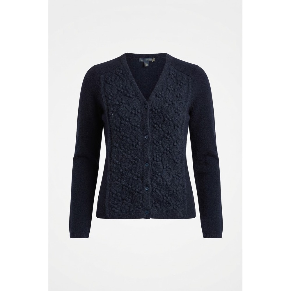 Max Mara Dark Blue Wool Cashmere Blend Crochet Accent Old Money Cardigan sz M